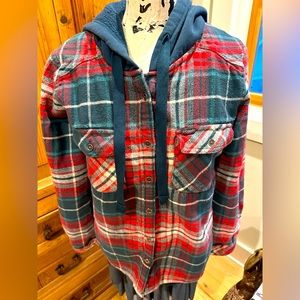 Columbia Fleece Plaid Button Up Hoodie, size L